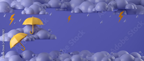 3d cartoon cloud and rain with yellow umbrella on dark background. concept rainy season for banner, cover, greeting card, brochure. 3d rendering illustration