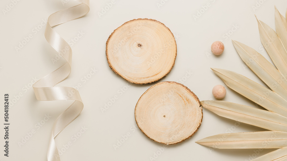 Top view wooden showcase or podium with palm leaf, summer display background Top view wooden showcase or podium with palm leaf, summer display background