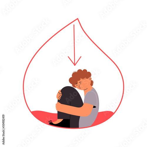 The child suffers from hypoglycemia. The boy sits in a drop of blood with a low blood count. Concept of prediabetes. Vector illustration in flat style