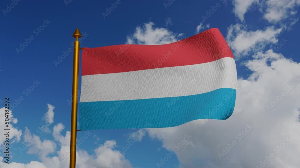 National flag of Luxembourg waving 3D Render with flagpole and blue sky