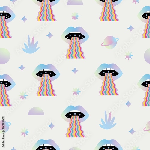 Trippy Space Seamless Pattern with Mouth and Space