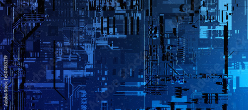 Futuristic electronics processor or PCB circuit like pattern surface.  Abstract sci-fi hi-tech equipment or facility background. Blue surface. 3D Illustration,3D rendering. photo