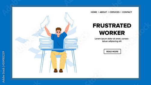 Frustrated Worker Hard Working In Office Vector. Frustrated Worker Man With Stress Searching Document Paper On Workplace. Character Overworking With Nervous Web Flat Cartoon Illustration