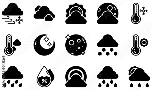 Set of Vector Icons Related to Weather. Contains such Icons as Blizzard, Cloud, Cloudy Day, Cloudy Night, Cold, Cool and more.