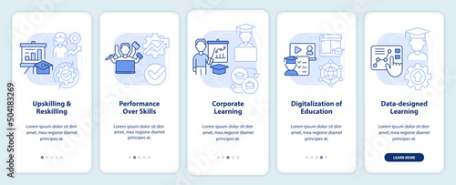 Emerging skills in development light blue onboarding mobile app screen. Walkthrough 5 steps graphic instructions pages with linear concepts. UI, UX, GUI template. Myriad Pro-Bold, Regular fonts used