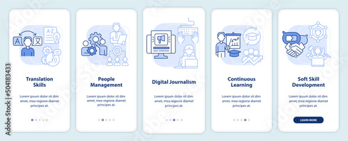 Must-have skills to put in CV light blue onboarding mobile app screen. Walkthrough 5 steps graphic instructions pages with linear concepts. UI, UX, GUI template. Myriad Pro-Bold, Regular fonts used