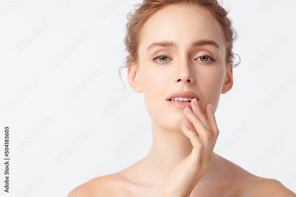 Beautiful young woman with clean fresh skin on white background, Face care, Facial treatment, Cosmetology, beauty and spa, women portrait. Beautiful young woman with clean fresh skin on white background, Face care, Facial treatment, Cosmetology, beauty and spa, women portrait.