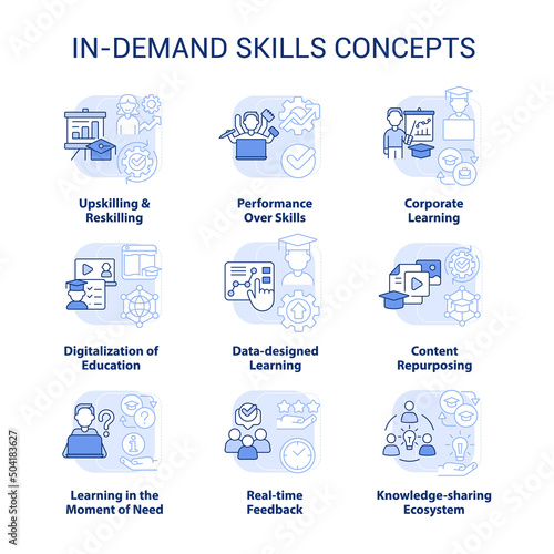 In demand skills light blue concept icons set. Upskilling and reskilling idea thin line color illustrations. Feedback. Isolated symbols. Editable stroke. Roboto-Medium, Myriad Pro-Bold fonts used