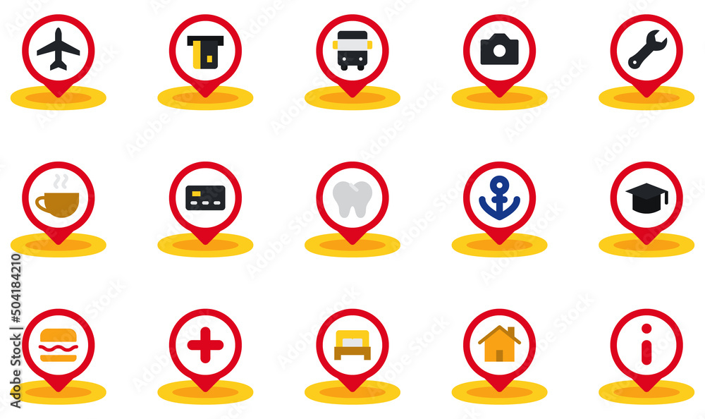 Set of Vector Icons Related to Placeholder. Contains such Icons as Airport, Atm, Bus Stop, Coffee, Dentist, Education and more. Set of Vector Icons Related to Placeholder. Contains such Icons as Airport, Atm, Bus Stop, Coffee, Dentist, Education and more.
