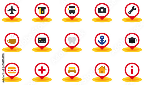 Set of Vector Icons Related to Placeholder. Contains such Icons as Airport, Atm, Bus Stop, Coffee, Dentist, Education and more.