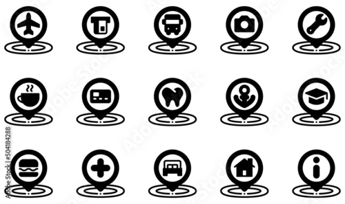 Set of Vector Icons Related to Placeholder. Contains such Icons as Airport, Atm, Bus Stop, Coffee, Dentist, Education and more.