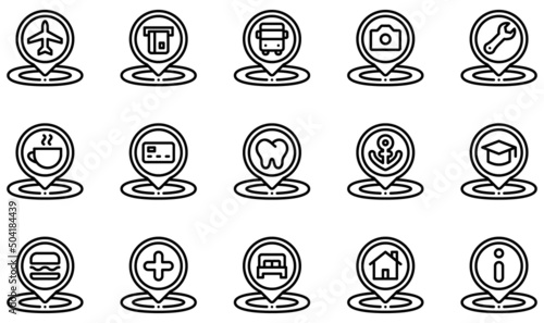 Set of Vector Icons Related to Placeholder. Contains such Icons as Airport, Atm, Bus Stop, Coffee, Dentist, Education and more.