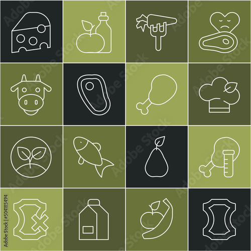 Set line Leather, Genetically modified chicken, Vegan food diet, Carrot, Steak meat, Cow head, Cheese and Chicken leg icon. Vector