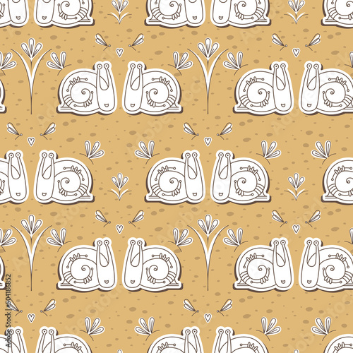 Seamless pattern with cute funny snails, dragonflies, hearts, flowers in doodle style. Vector cartoon background. Print for textile, wrapping paper, wallpaper.
