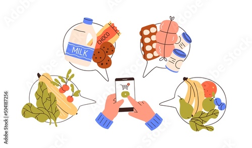 Hand with phone shopping, ordering groceries online via mobile app. Customer buying food from store with cellphone, adding products to cart. Flat vector illustration isolated on white background