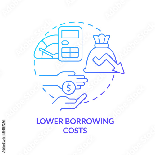 Lower borrowing costs blue gradient concept icon. Reduce loan costs. Balanced budget requirement abstract idea thin line illustration. Isolated outline drawing. Myriad Pro-Bold font used