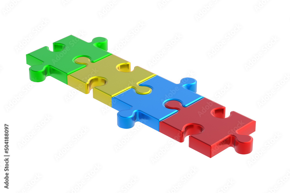 Row of metallized puzzle jiggle pieces isolated on white background. 3d render Row of metallized puzzle jiggle pieces isolated on white background. 3d render