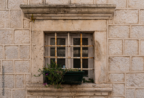 Building's facade. Window with metal bars and flower pot. Architectural detail. Close-up