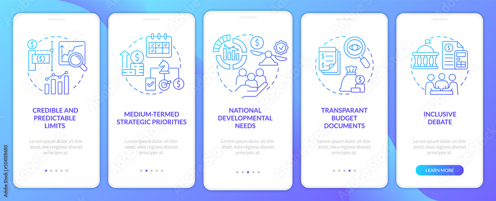 Principles of budget planning blue gradient onboarding mobile app screen. Walkthrough 5 steps graphic instructions pages with linear concepts. UI, UX, GUI template. Myriad Pro-Bold, Regular fonts used