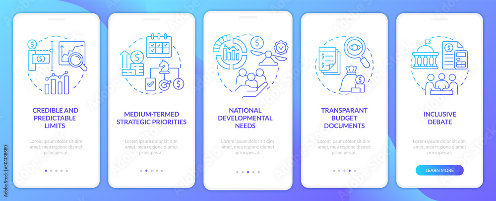 Principles of budget planning blue gradient onboarding mobile app screen. Walkthrough 5 steps graphic instructions pages with linear concepts. UI, UX, GUI template. Myriad Pro-Bold, Regular fonts used Principles of budget planning blue gradient onboarding mobile app screen. Walkthrough 5 steps graphic instructions pages with linear concepts. UI, UX, GUI template. Myriad Pro-Bold, Regular fonts used