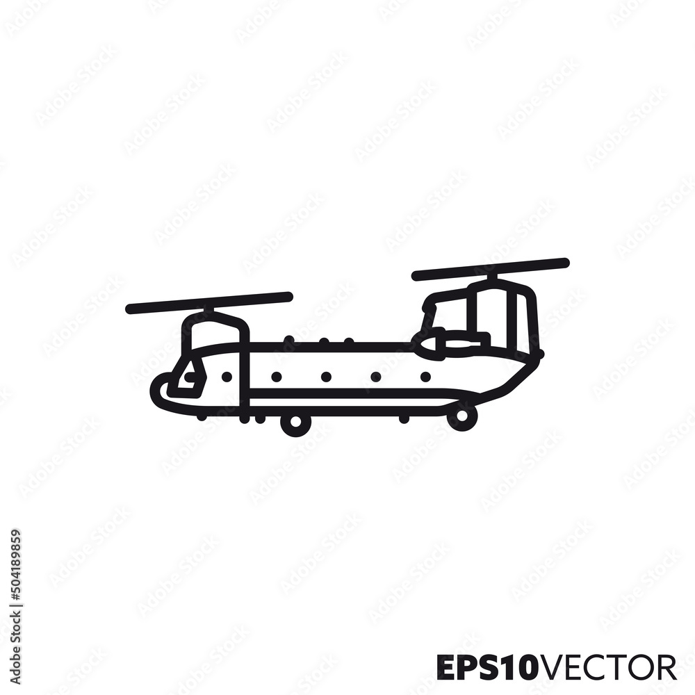 Military transport helicopter vector line icon