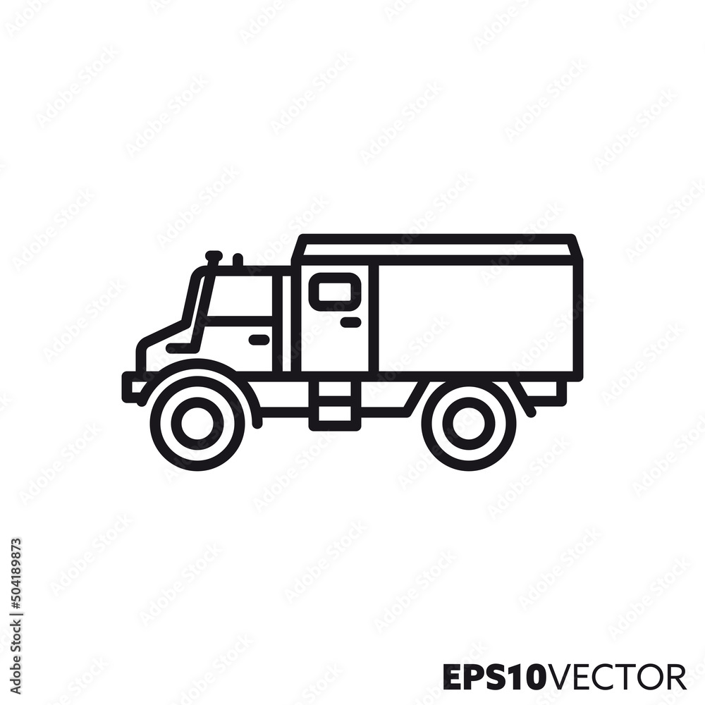 Four-wheel drive military truck vector line icon