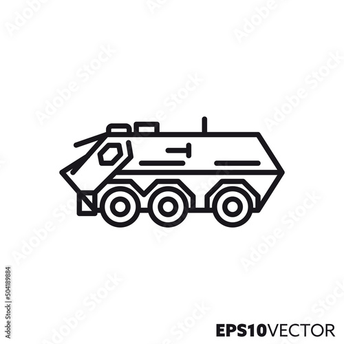 Wheeled armored personnel carrier vector line icon.