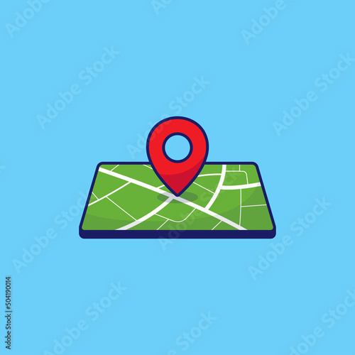 Red direction map pointer icon cartoon logo on blue background