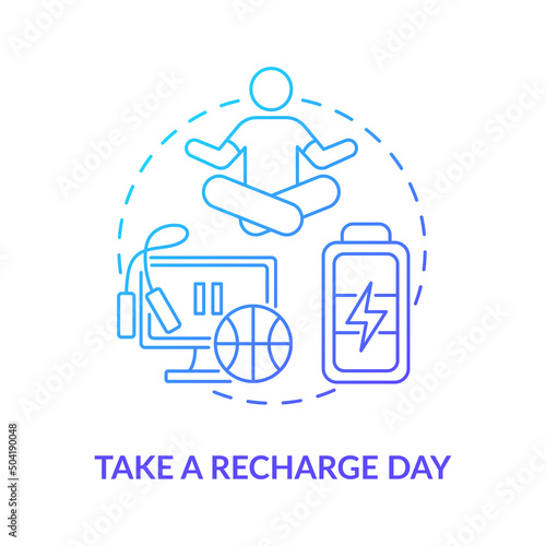 Take recharge day blue gradient concept icon. Relax and harmony. Improving mental health tip abstract idea thin line illustration. Isolated outline drawing. Myriad Pro-Bold font used