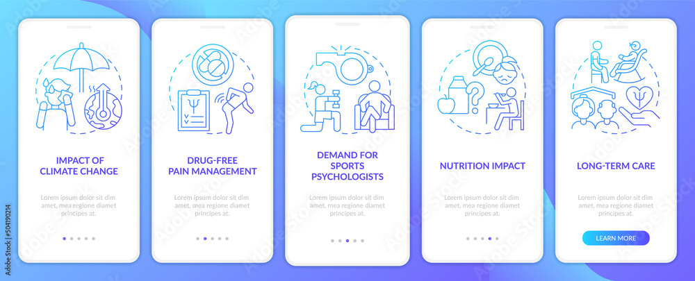 Trends in mental health blue gradient onboarding mobile app screen. Walkthrough 5 steps graphic instructions pages with linear concepts. UI, UX, GUI template. Myriad Pro-Bold, Regular fonts used
