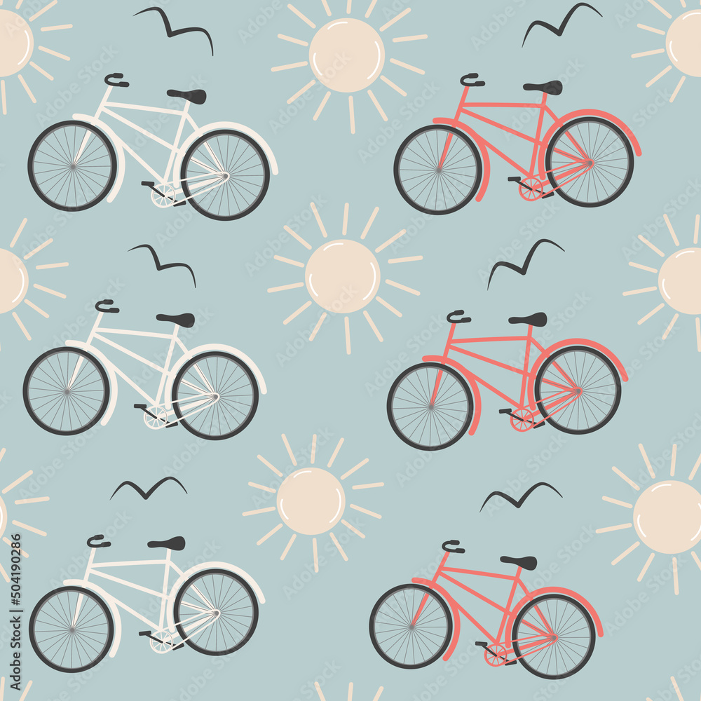 cute cartoon abstract red and white bicycle seamless vector pattern background illustration with sun and birds silhouette cute cartoon abstract red and white bicycle seamless vector pattern background illustration with sun and birds silhouette