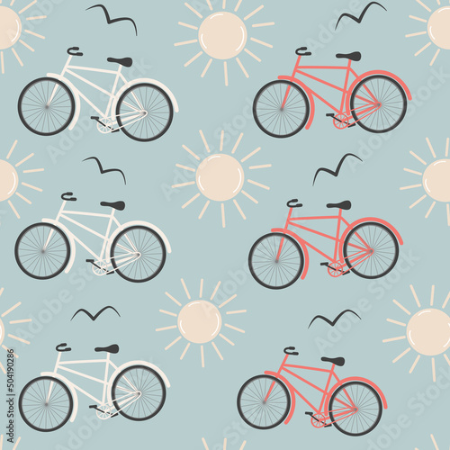 cute cartoon abstract red and white bicycle seamless vector pattern background illustration with sun and birds silhouette