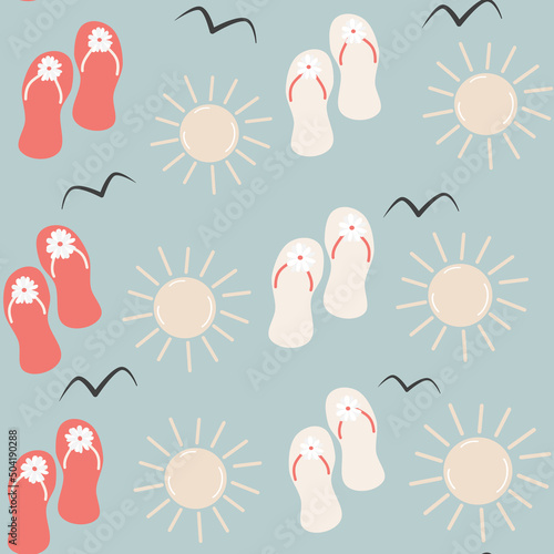 cute cartoon abstract red and white flip flop seamless vector pattern background illustration with sun and birds silhouette