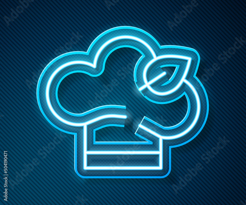 Glowing neon line Vegan food diet icon isolated on blue background. Organic, bio, eco symbol. Vegan, no meat, lactose free, healthy, fresh and nonviolent food. Vector