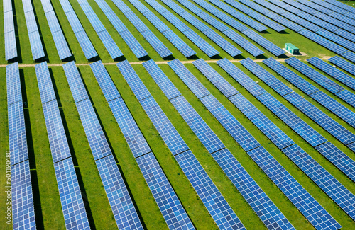 Aerial view of solar panel PV solar farm in England