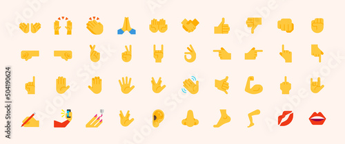 All types of hand emojis, stickers, emoticons flat vector illustration symbols set, collection. Hands, handshakes, muscle, finger, fist, direction, like, unlike, fingers
