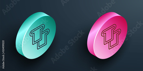 Isometric line Bread toast for sandwich piece of roasted crouton icon isolated on black background. Lunch, dinner, breakfast snack. Turquoise and pink circle button. Vector