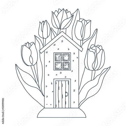 Village house  in spring flowers. Sweet picture for coloring, linear drawing. Black and white illustration.