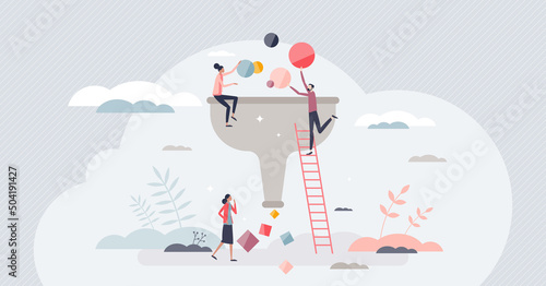 Sorting data and information stream filtered arrangement tiny person concept. File filtration and selection for correct order and type algorithm vector illustration. Sequence and division in funnel.