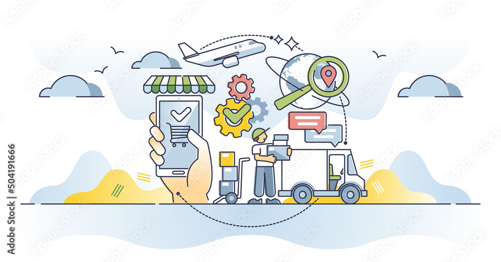 Supply chain management or SCM with logistics planning outline concept. Process from production, distribution and purchase to shipping and inventory control vector illustration. Worldwide shipping. - obrazy, fototapety, plakaty 