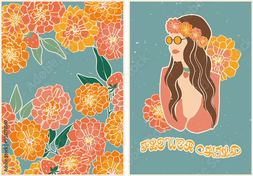 Set of posters in retro style with flowers, strawberries and a girl in a floral wreath and sunglasses. Vintage retro style. Psychedelic wallpaper. Colorful vector art design. 60s, 70s, hippies.