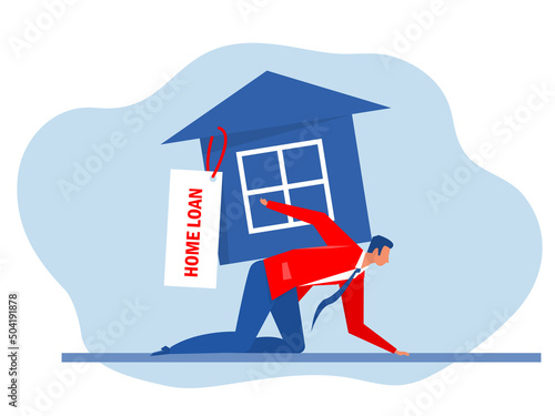 Businessman carrying burden with kneeling of home icon with home loan sign debt concept vector illustrator