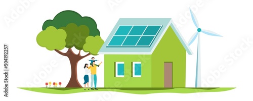 Eco life. Solar panels. People live eco life. Vector.