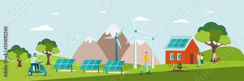 Eco life. Solar panels. People live eco life. Vector.