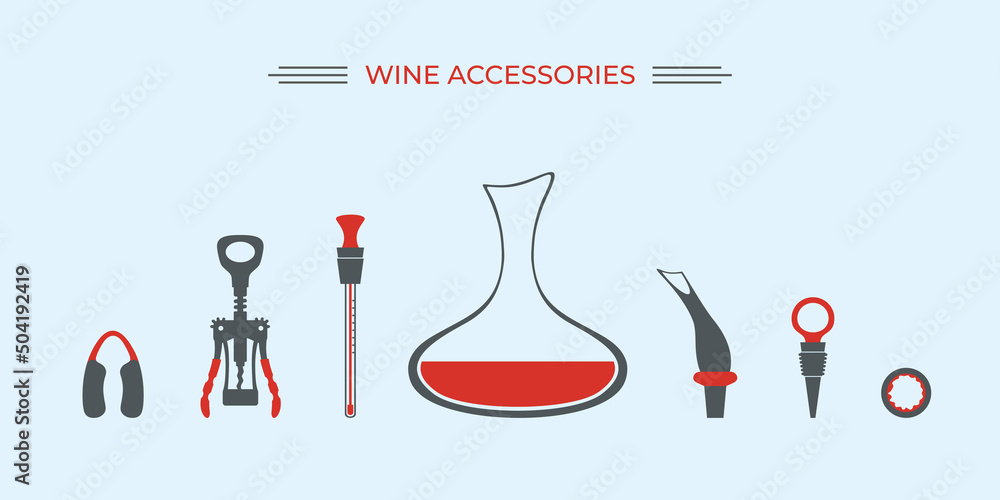 Naklejka premium Wine accessories range shape guide set, silhouettes flat vector illustration. Isolated. Measuring temperature wine , uncorking, oxygenating, correctly pouring wine. Sommelier. Corkscrew. Decanter.