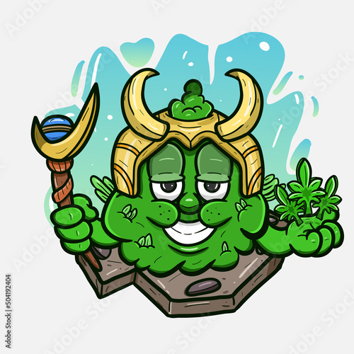 Cartoon Mascot Of Weed Bud With Loki Style. Vector And Illustration