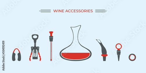 Wine accessories range shape guide set, silhouettes flat vector illustration. Isolated. Measuring temperature wine , uncorking, oxygenating, correctly pouring wine. Sommelier. Corkscrew. Decanter.