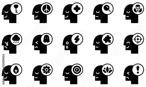 Set of Vector Icons Related to Human Mind. Contains such Icons as Open Mind, Positive, Sadness, Scared, Shocked, Time and more.