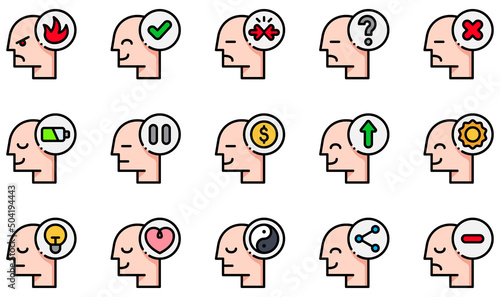 Set of Vector Icons Related to Human Mind. Contains such Icons as Angry, Approved, Conflict, Confused, Disabled, Happiness and more.