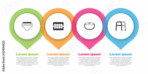 Set Adult diaper, False jaw, Eyeglasses and Walker. Business infographic template. Vector